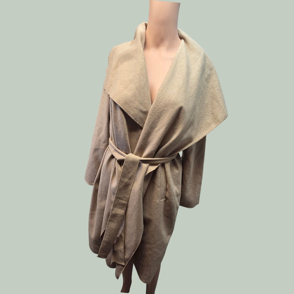 Chicwish Wool Blend Wrap Coat Women Med Tan Waterfall Belted Trench Quiet Luxury